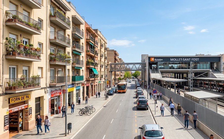 Vistas de las calles residenciales, comercios locales y el entorno de la Estació del Nord en Mollet del Vallès